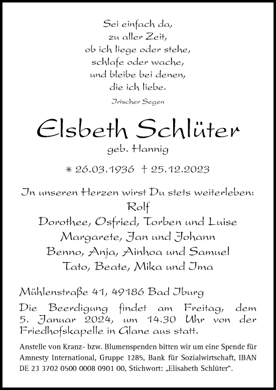 Traueranzeige von Elsbeth Schlüter von Neue Osnabrücker Zeitung GmbH & Co. KG