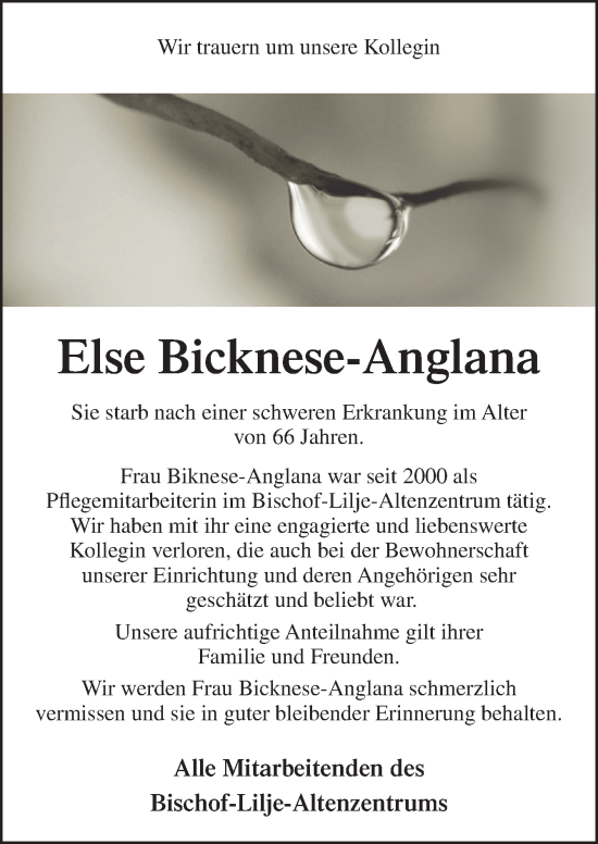 Traueranzeige von Else Bicknese-Anglana von Neue Osnabrücker Zeitung GmbH & Co. KG
