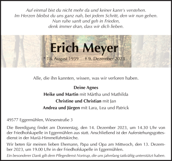 Traueranzeige von Erich Meyer von Neue Osnabrücker Zeitung GmbH & Co. KG