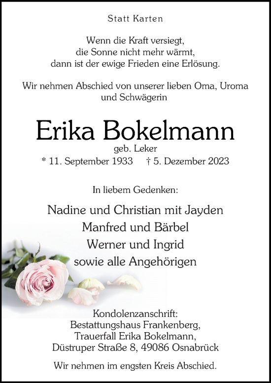 Traueranzeige von Erika Bokelmann von Neue Osnabrücker Zeitung GmbH & Co. KG