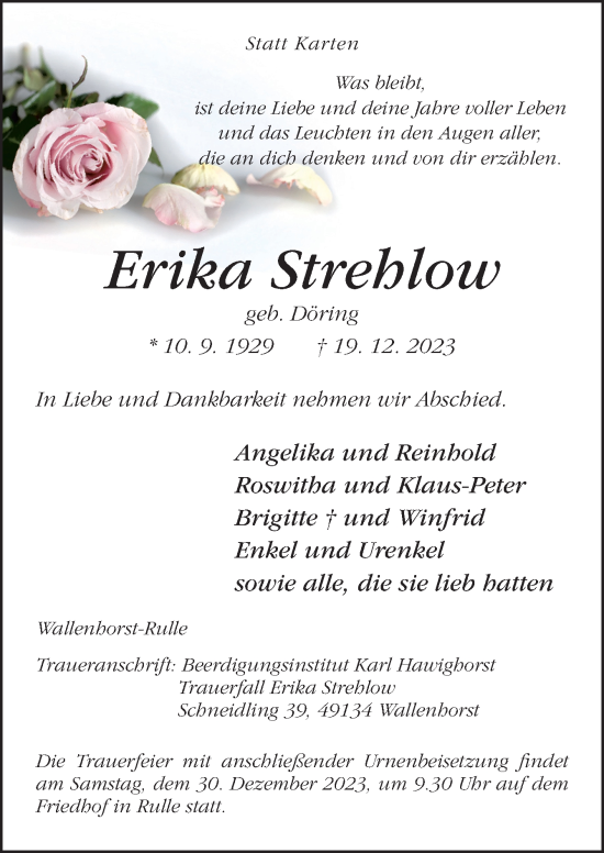 Traueranzeige von Erika Strehlow von Neue Osnabrücker Zeitung GmbH & Co. KG