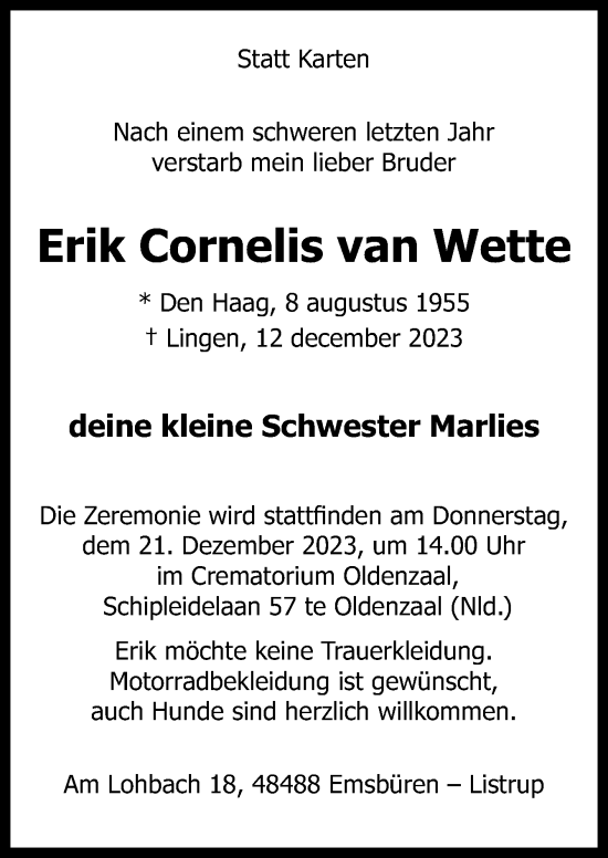 Traueranzeige von Erik Cornelis van Wette von Neue Osnabrücker Zeitung GmbH & Co. KG