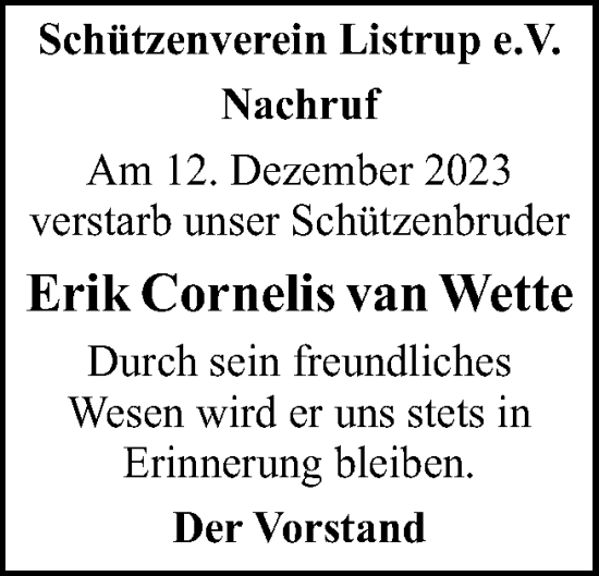 Traueranzeige von Erik Cornelis van Wette von Neue Osnabrücker Zeitung GmbH & Co. KG