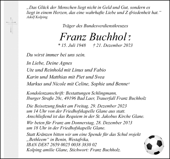 Traueranzeige von Franz Buchholz von Neue Osnabrücker Zeitung GmbH & Co. KG