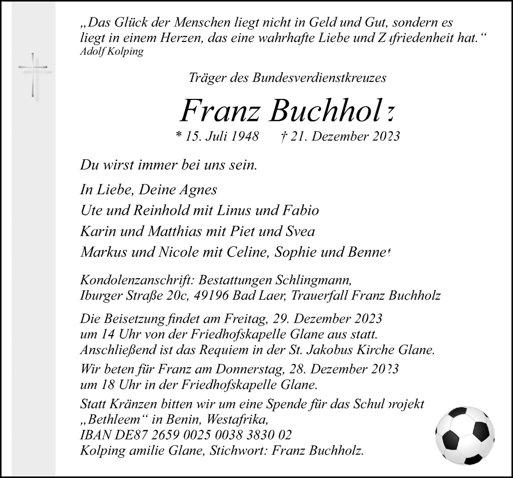  Traueranzeige für Franz Buchholz vom 23.12.2023 aus Neue Osnabrücker Zeitung GmbH & Co. KG