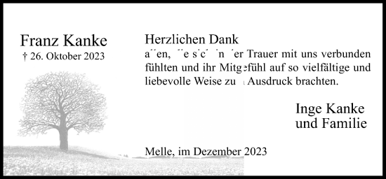 Traueranzeige von Franz Kanke von Neue Osnabrücker Zeitung GmbH & Co. KG