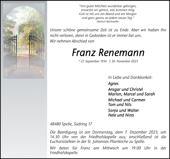 Traueranzeige von Franz Renemann von Neue Osnabrücker Zeitung GmbH & Co. KG
