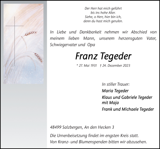 Traueranzeige von Franz Tegeder von Neue Osnabrücker Zeitung GmbH & Co. KG