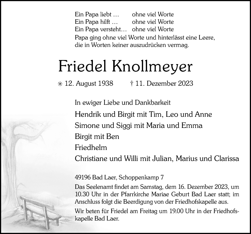  Traueranzeige für Friedel Knollmeyer vom 14.12.2023 aus Neue Osnabrücker Zeitung GmbH & Co. KG