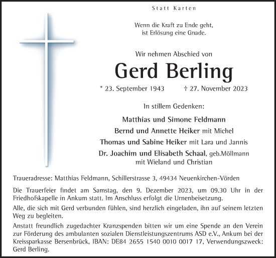 Traueranzeige von Gerd Berling von Neue Osnabrücker Zeitung GmbH & Co. KG