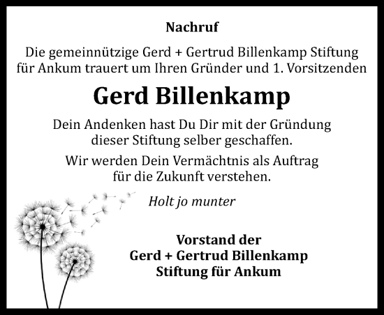 Traueranzeige von Gerd Billenkamp von Neue Osnabrücker Zeitung GmbH & Co. KG