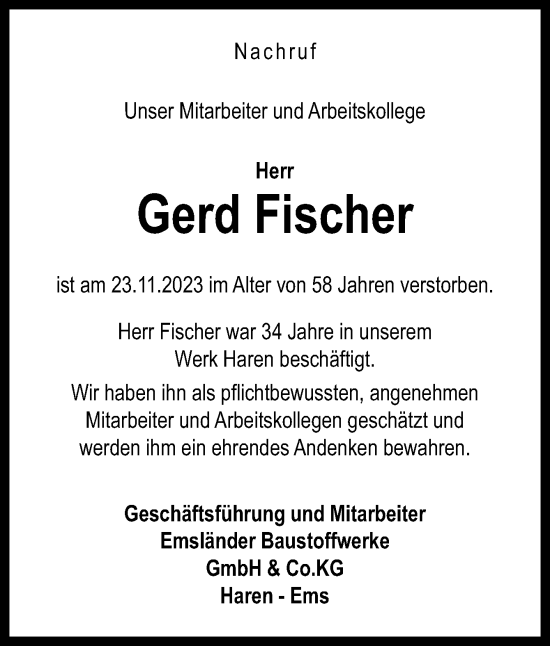 Traueranzeige von Gerd Fischer von Neue Osnabrücker Zeitung GmbH & Co. KG