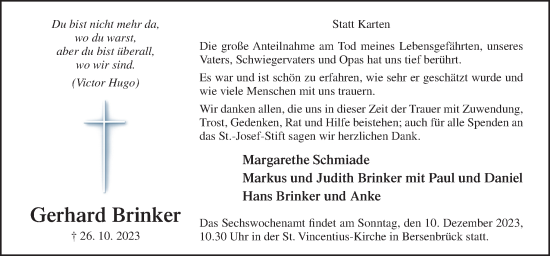 Traueranzeige von Gerhard Brinker von Neue Osnabrücker Zeitung GmbH & Co. KG