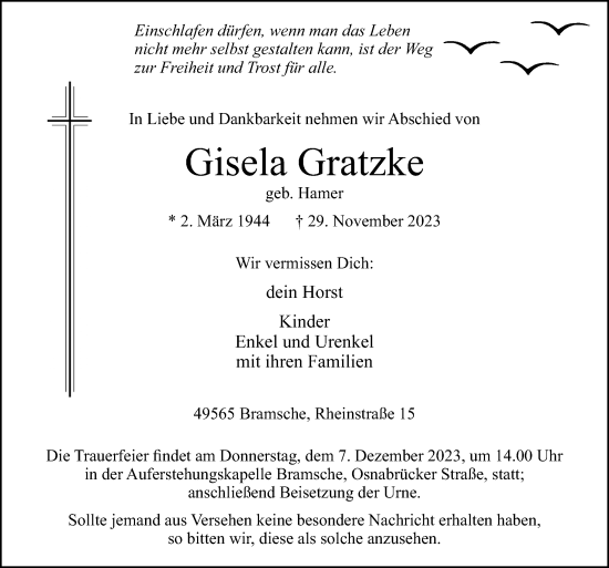 Traueranzeige von Gisela Gratzke von Neue Osnabrücker Zeitung GmbH & Co. KG