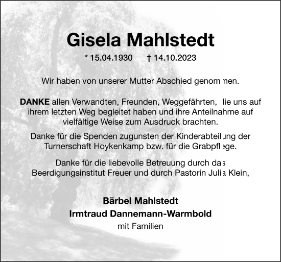 Traueranzeige von Gisela Mahlstedt von DK Medien GmbH & Co. KG