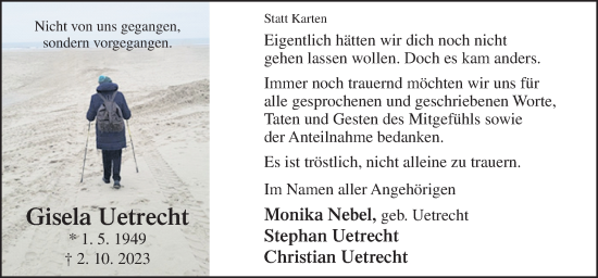 Traueranzeige von Gisela Uetrecht von Neue Osnabrücker Zeitung GmbH & Co. KG