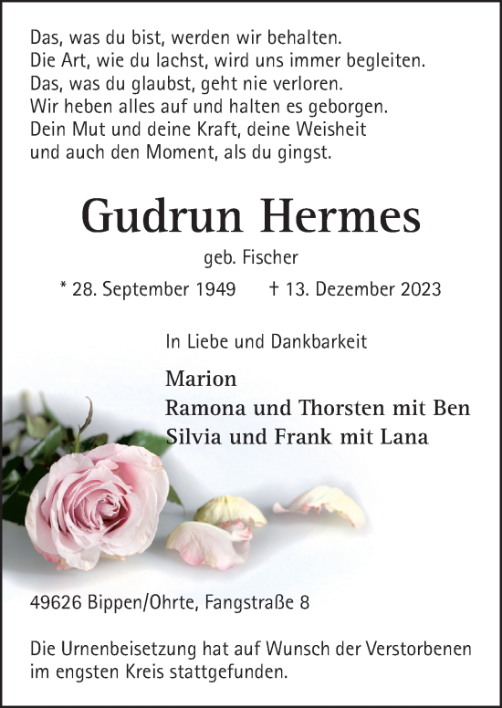Traueranzeige von Gudrun Hermes von Neue Osnabrücker Zeitung GmbH & Co. KG