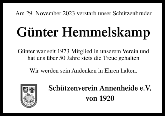 Traueranzeige von Günter Hemmelskamp von DK Medien GmbH & Co. KG