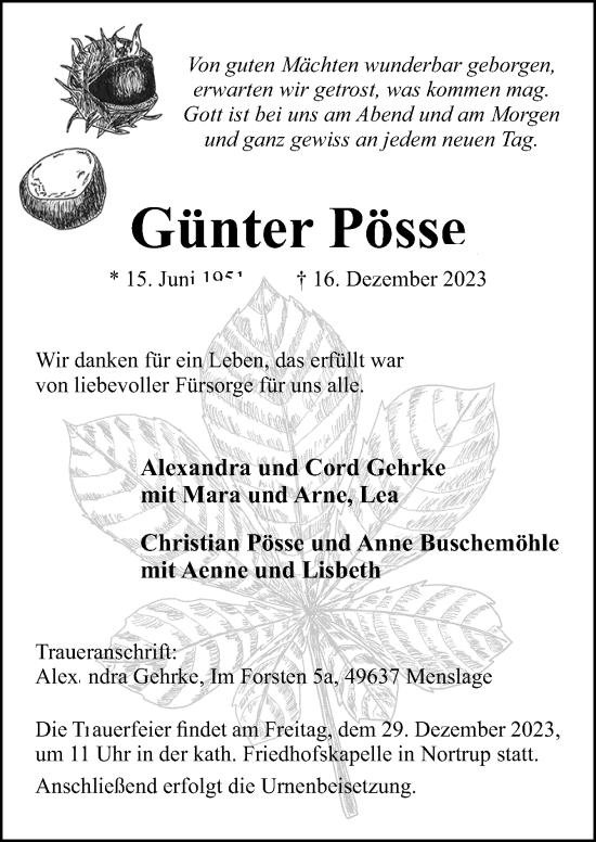 Traueranzeige von Günter Pösse von Neue Osnabrücker Zeitung GmbH & Co. KG