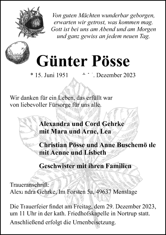 Traueranzeige von Günter Pösse von Neue Osnabrücker Zeitung GmbH & Co. KG