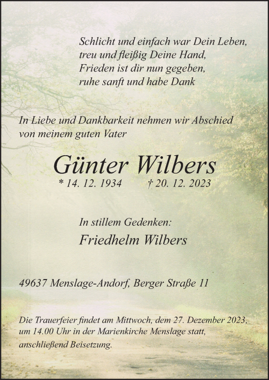 Traueranzeige von Günter Wilbers von Neue Osnabrücker Zeitung GmbH & Co. KG