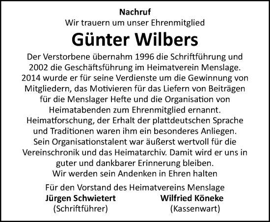 Traueranzeige von Günter Wilbers von Neue Osnabrücker Zeitung GmbH & Co. KG