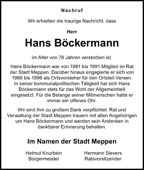 Traueranzeige von Hans Böckermann von Neue Osnabrücker Zeitung GmbH & Co. KG