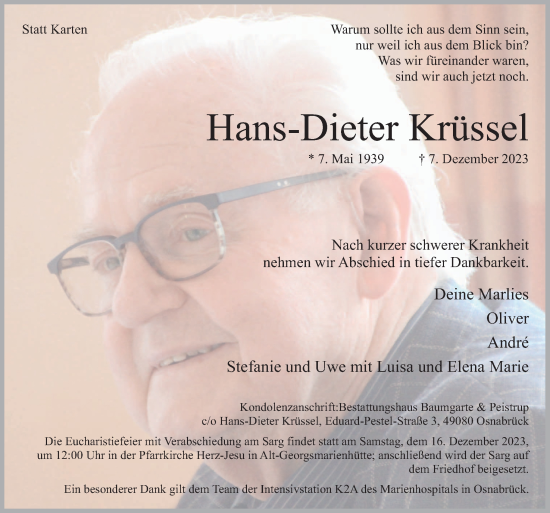 Traueranzeige von Hans-Dieter Krüssel von Neue Osnabrücker Zeitung GmbH & Co. KG