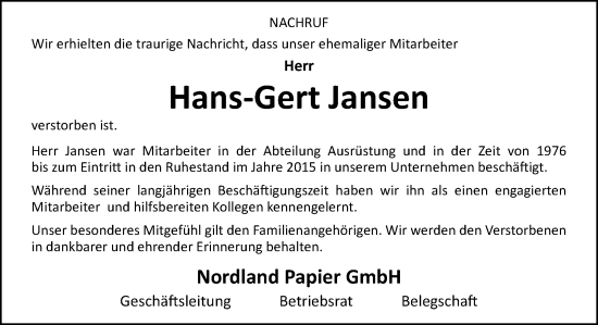 Traueranzeige von Hans-Gert Jansen von Neue Osnabrücker Zeitung GmbH & Co. KG