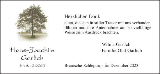 Traueranzeige von Hans-Joachim Garlich von Neue Osnabrücker Zeitung GmbH & Co. KG