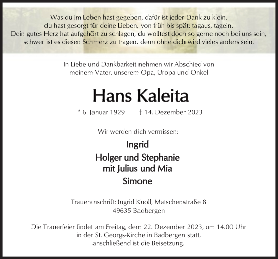 Traueranzeige von Hans Kaleita von Neue Osnabrücker Zeitung GmbH & Co. KG