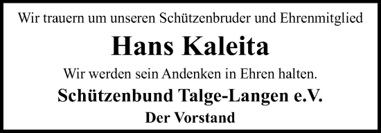 Traueranzeige von Hans Kaleita von Neue Osnabrücker Zeitung GmbH & Co. KG