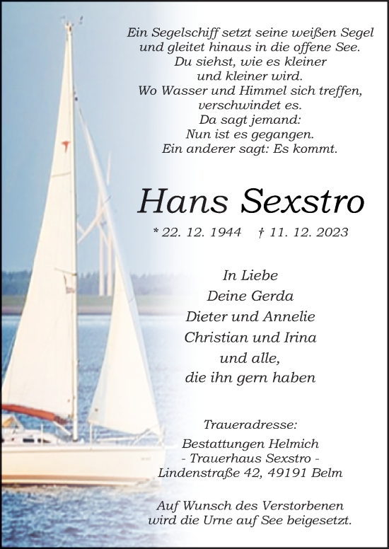 Traueranzeige von Hans Sexstro von Neue Osnabrücker Zeitung GmbH & Co. KG