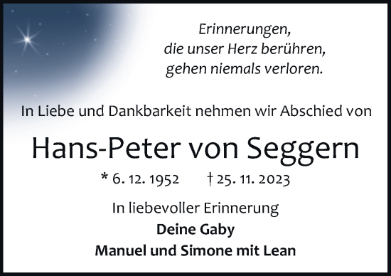 Traueranzeige von HansPeter von Seggern von DK Medien GmbH & Co. KG