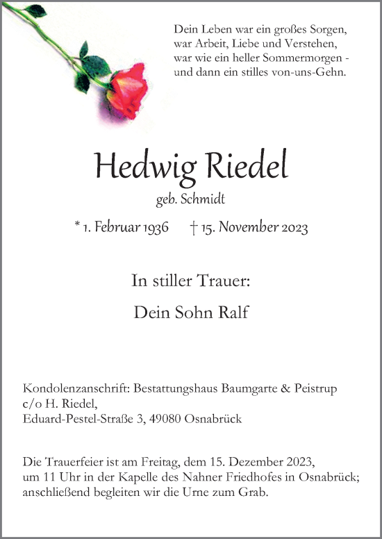Traueranzeige von Hedwig Riedel von Neue Osnabrücker Zeitung GmbH & Co. KG