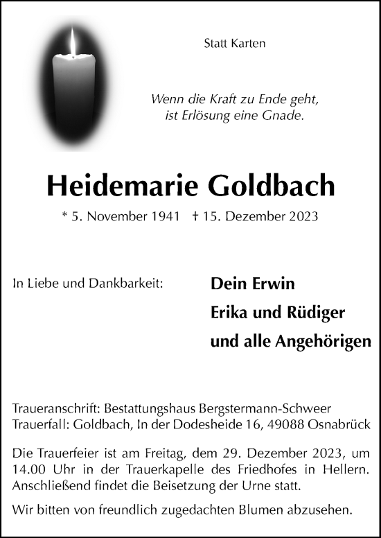 Traueranzeige von Heidemarie Goldbach von Neue Osnabrücker Zeitung GmbH & Co. KG