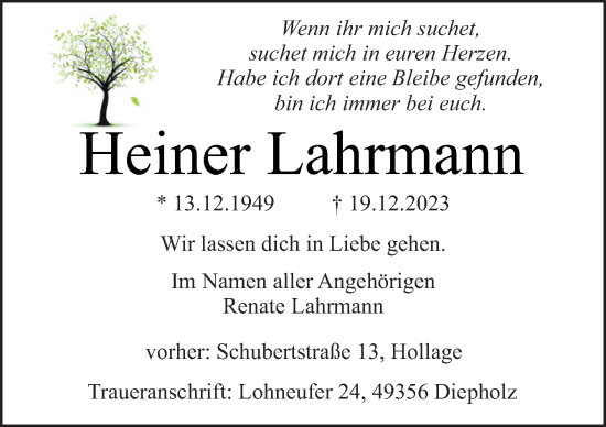 Traueranzeige von Heiner Lahrmann von Neue Osnabrücker Zeitung GmbH & Co. KG