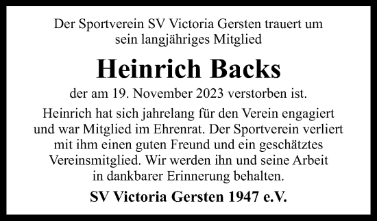 Traueranzeige von Heinrich Backs von Neue Osnabrücker Zeitung GmbH & Co. KG