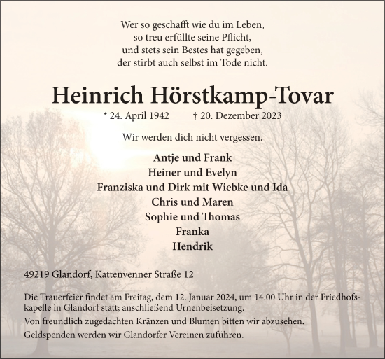 Traueranzeige von Heinrich Hörstkamp-Tovar von Neue Osnabrücker Zeitung GmbH & Co. KG