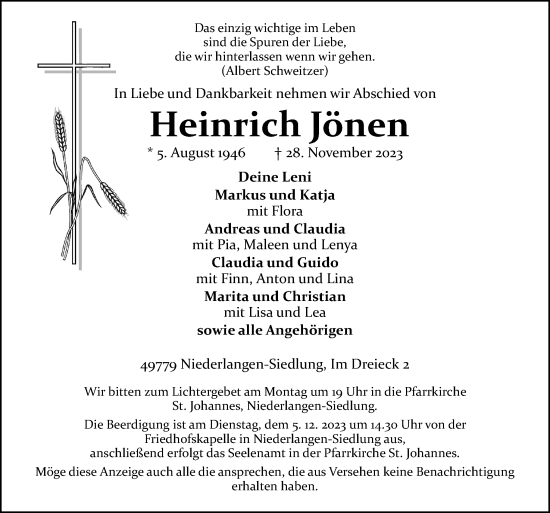 Traueranzeige von Heinrich Jönen von Neue Osnabrücker Zeitung GmbH & Co. KG