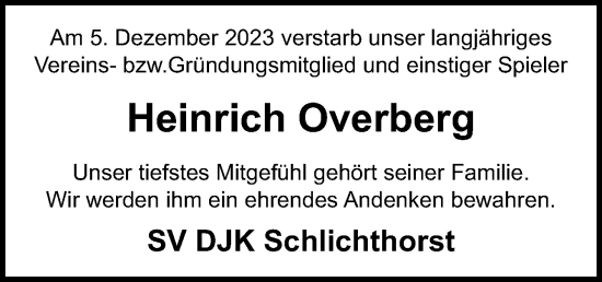 Traueranzeige von Heinrich Overberg von Neue Osnabrücker Zeitung GmbH & Co. KG