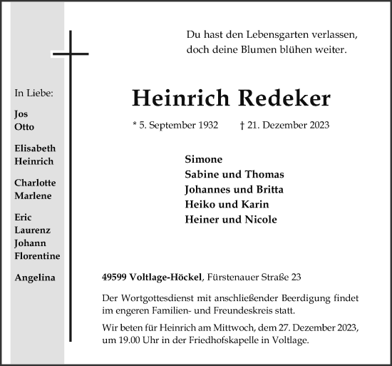 Traueranzeige von Heinrich Redeker von Neue Osnabrücker Zeitung GmbH & Co. KG