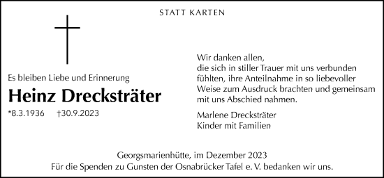 Traueranzeige von Heinz Drecksträter von Neue Osnabrücker Zeitung GmbH & Co. KG