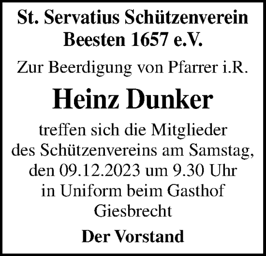 Traueranzeige von Heinz Dunker von Neue Osnabrücker Zeitung GmbH & Co. KG