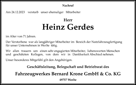 Traueranzeige von Heinz Gerdes von Neue Osnabrücker Zeitung GmbH & Co. KG