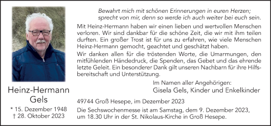 Traueranzeige von Heinz-Hermann Gels von Neue Osnabrücker Zeitung GmbH & Co. KG