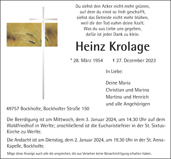 Traueranzeige von Heinz Krolage von Neue Osnabrücker Zeitung GmbH & Co. KG