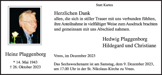 Traueranzeige von Heinz Plaggenborg von Neue Osnabrücker Zeitung GmbH & Co. KG