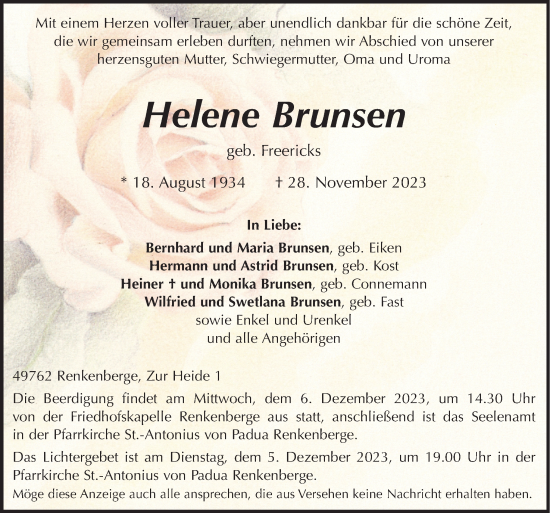 Traueranzeige von Helene Brunsen von Neue Osnabrücker Zeitung GmbH & Co. KG