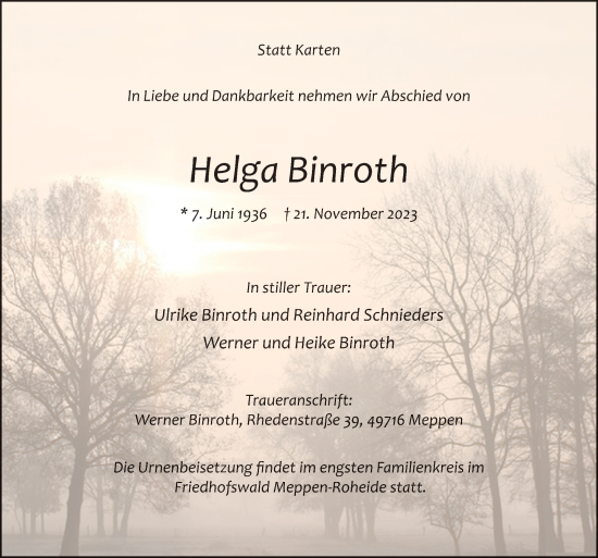 Traueranzeige von Helga Binroth von Neue Osnabrücker Zeitung GmbH & Co. KG